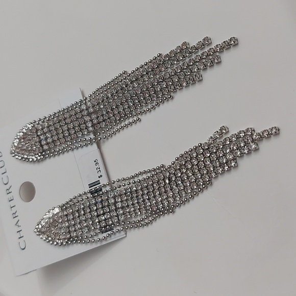 Charter Club Silver Tone Crystal Paved Triangle Head Tassel Chandelier Earrings - Picture 3 of 5